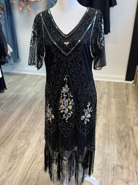 Black Beaded Fringe V-Neck Midi Dress
